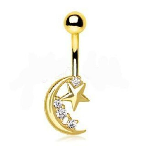 Gold Crescent Moon &amp; Shinning Star Navel Ring-0