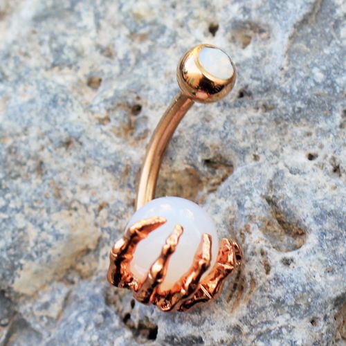 Rose Gold Plated Skeleton Hand Holding Crystal Ball Navel Ring-1