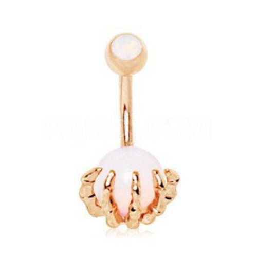 Rose Gold Plated Skeleton Hand Holding Crystal Ball Navel Ring-0