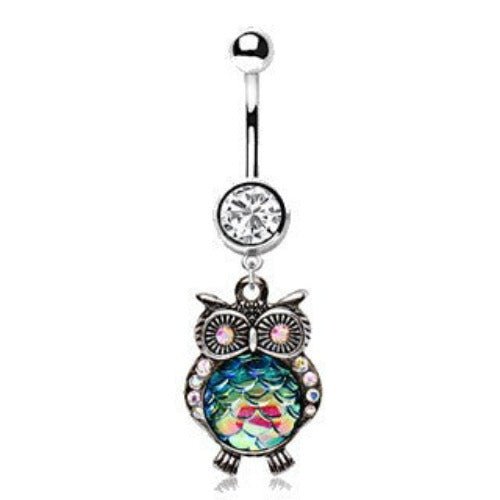 316L Stainless Steel Jeweled Rainbow Owl Dangle Navel Ring-1