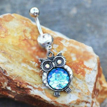 316L Stainless Steel Jeweled Rainbow Owl Dangle Navel Ring-0