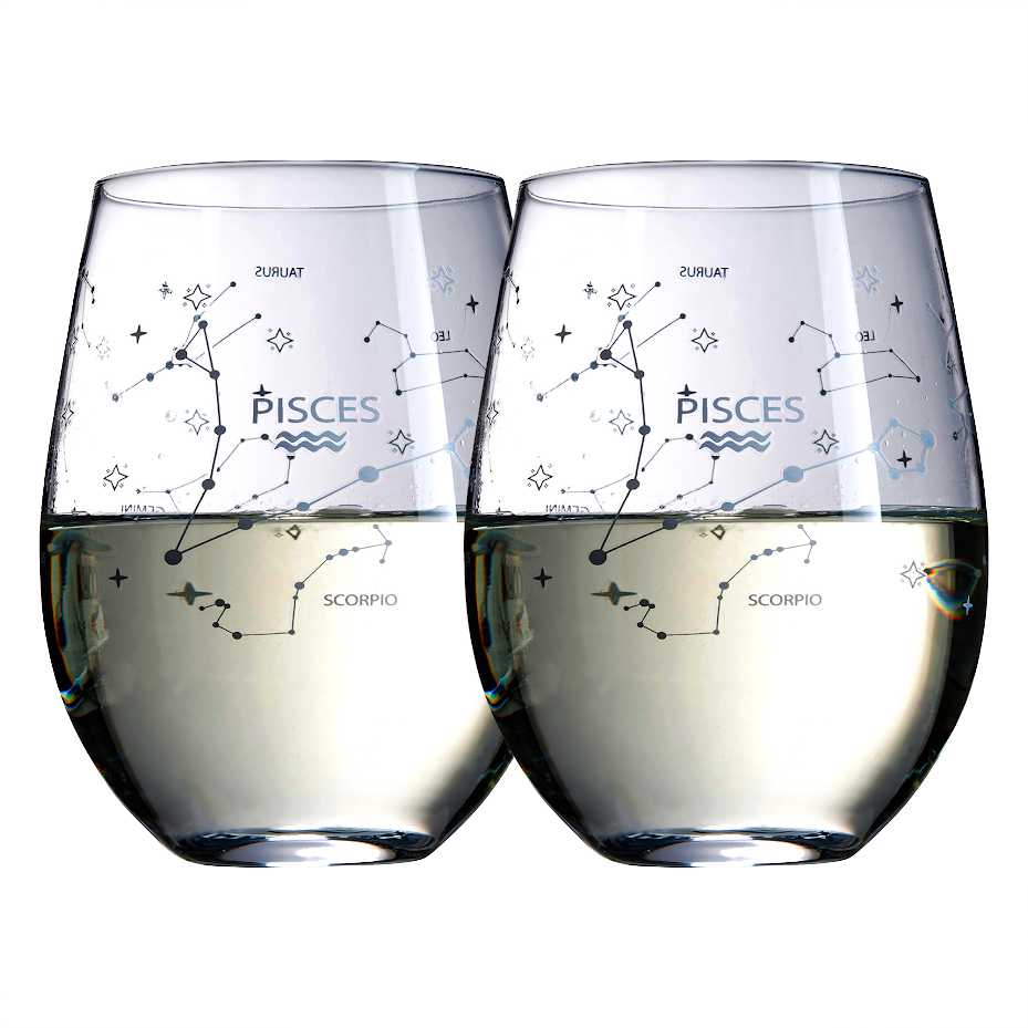 Set of 2 Zodiac Sign Wine Glasses with 2 Wooden Coasters by The Wine Savant - Astrology Drinking Glass Set with Etched Constellation Tumblers for Juice, Water Home Bar Horoscope Gifts 18oz (Pisces)-0