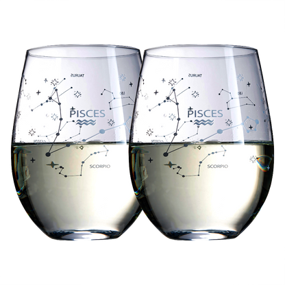 Set of 2 Zodiac Sign Wine Glasses with 2 Wooden Coasters by The Wine Savant - Astrology Drinking Glass Set with Etched Constellation Tumblers for Juice, Water Home Bar Horoscope Gifts 18oz (Pisces)-0