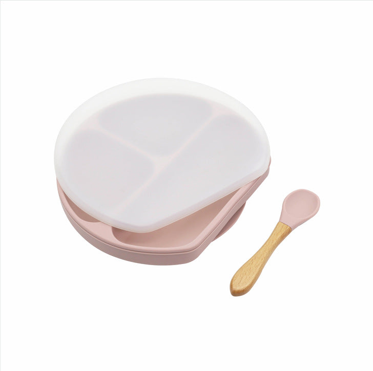 Baby Silicone Compartment Plate With Wooden Spoon-4