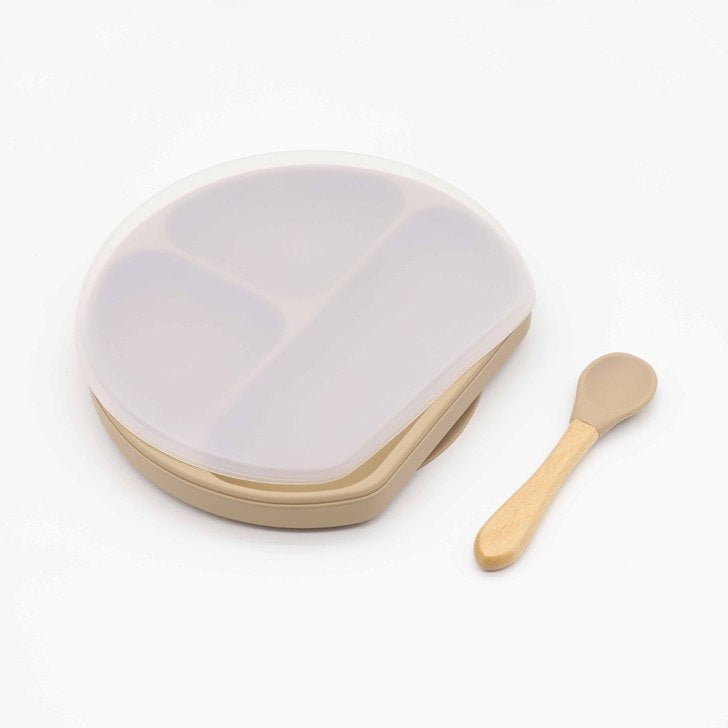 Baby Silicone Compartment Plate With Wooden Spoon-11