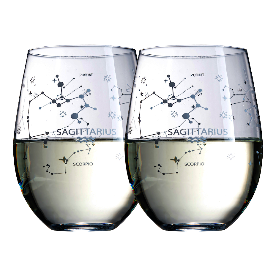 Set of 2 Zodiac Sign Wine Glasses with 2 Wooden Coasters by The Wine Savant - Astrology Drinking Glass Set with Etched Constellation Tumblers for Juice, Home Bar Horoscope Gifts 18oz (Sagittarius)-0