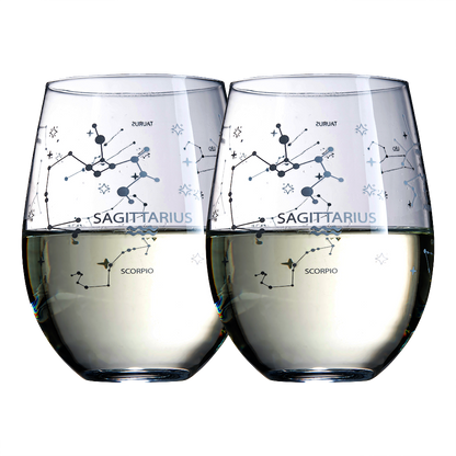 Set of 2 Zodiac Sign Wine Glasses with 2 Wooden Coasters by The Wine Savant - Astrology Drinking Glass Set with Etched Constellation Tumblers for Juice, Home Bar Horoscope Gifts 18oz (Sagittarius)-0