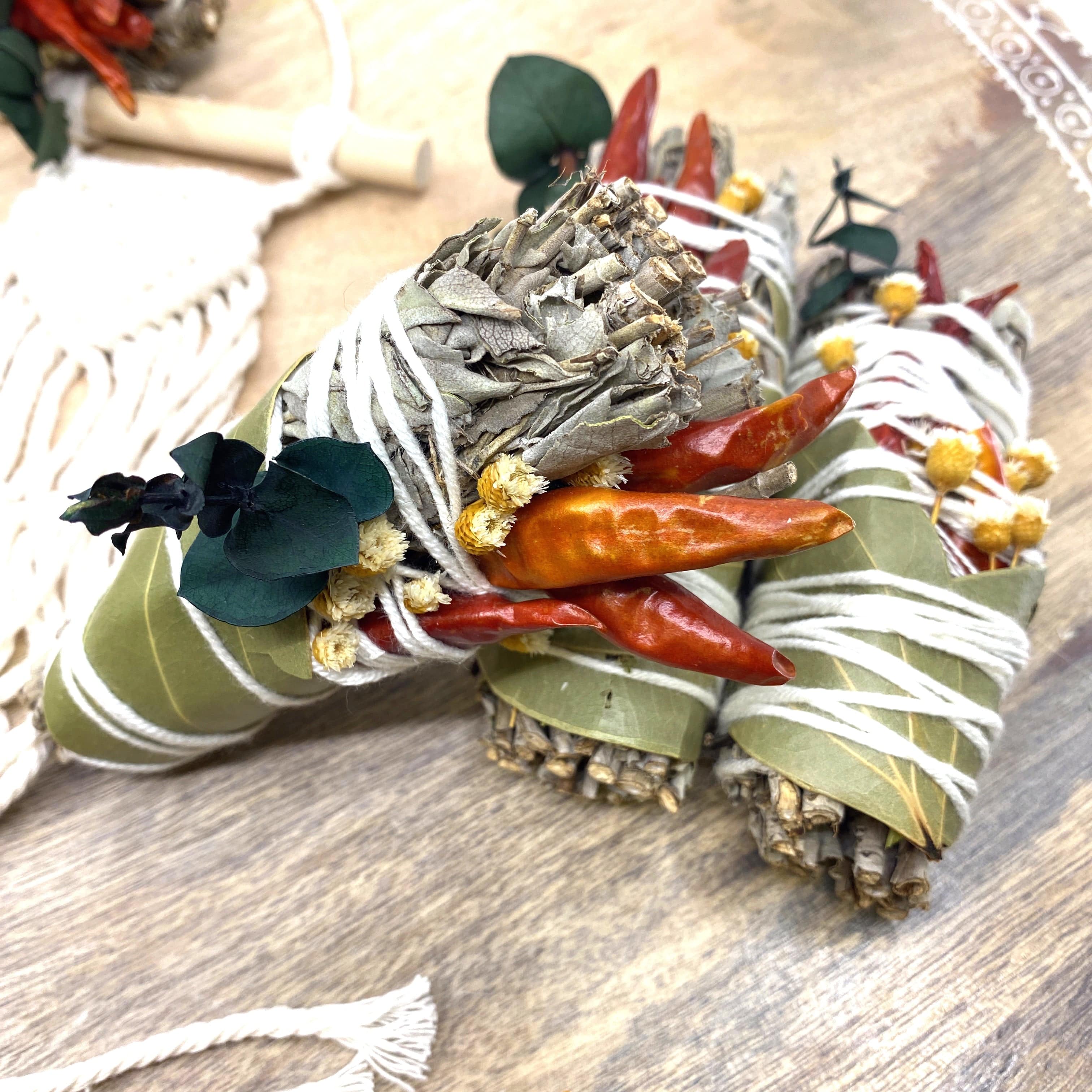 White Sage &amp; Copal Smudge Stick with Red Chili Peppers, Bay Leaves,  4 &quot;