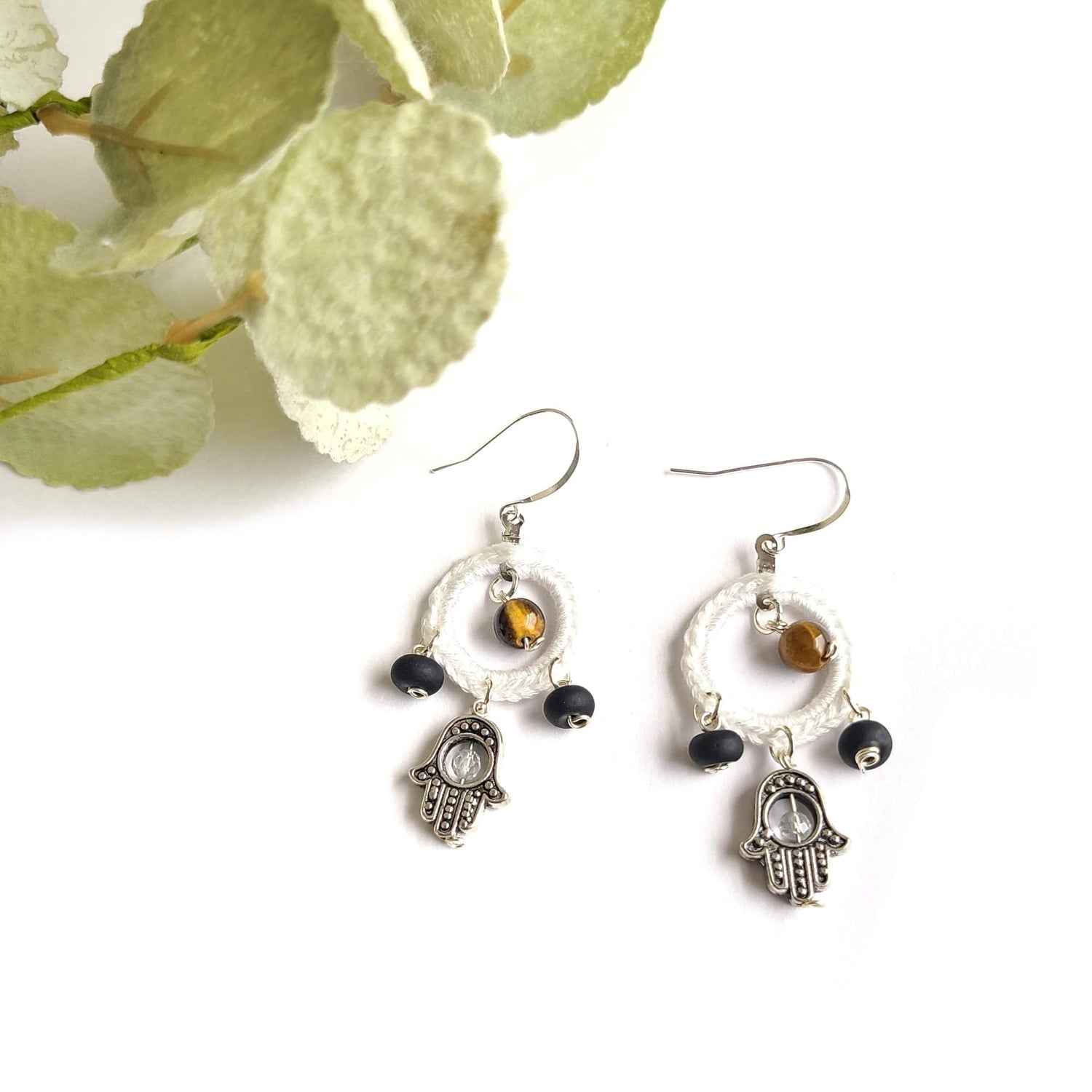 Tiger Eye &amp; Clear Quartz Hamsa Hand Earrings | Protection &amp; Positive Energy