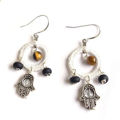 Tiger Eye &amp; Clear Quartz Hamsa Hand Earrings | Protection &amp; Positive Energy