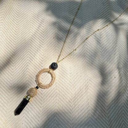 Black Agate &amp; Lava Stone Jute Necklace | Brass Chain