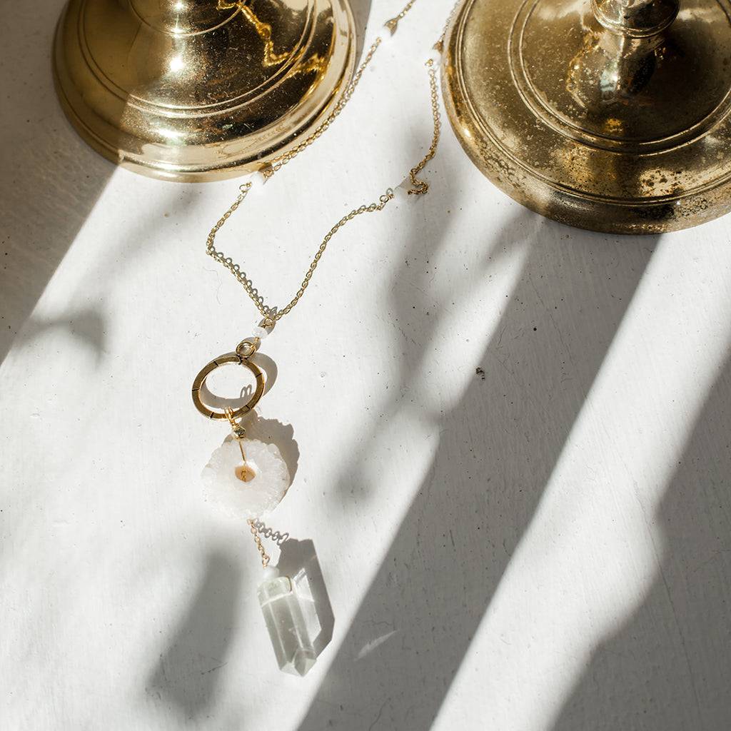 Solar Quartz Crystal Y Necklace | Brass | Handmade in India