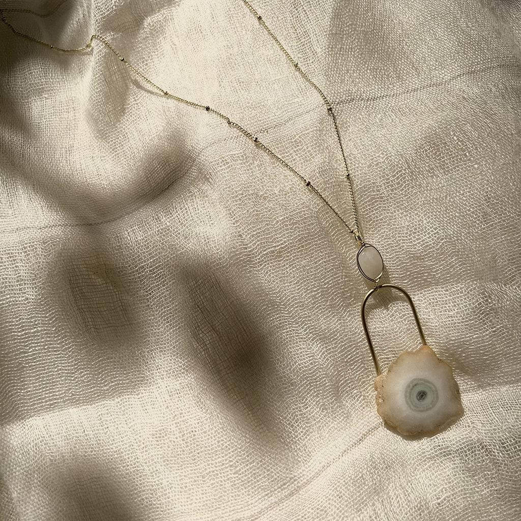 Solar Quartz &amp; Moonstone Eye Necklace | Brass Chain