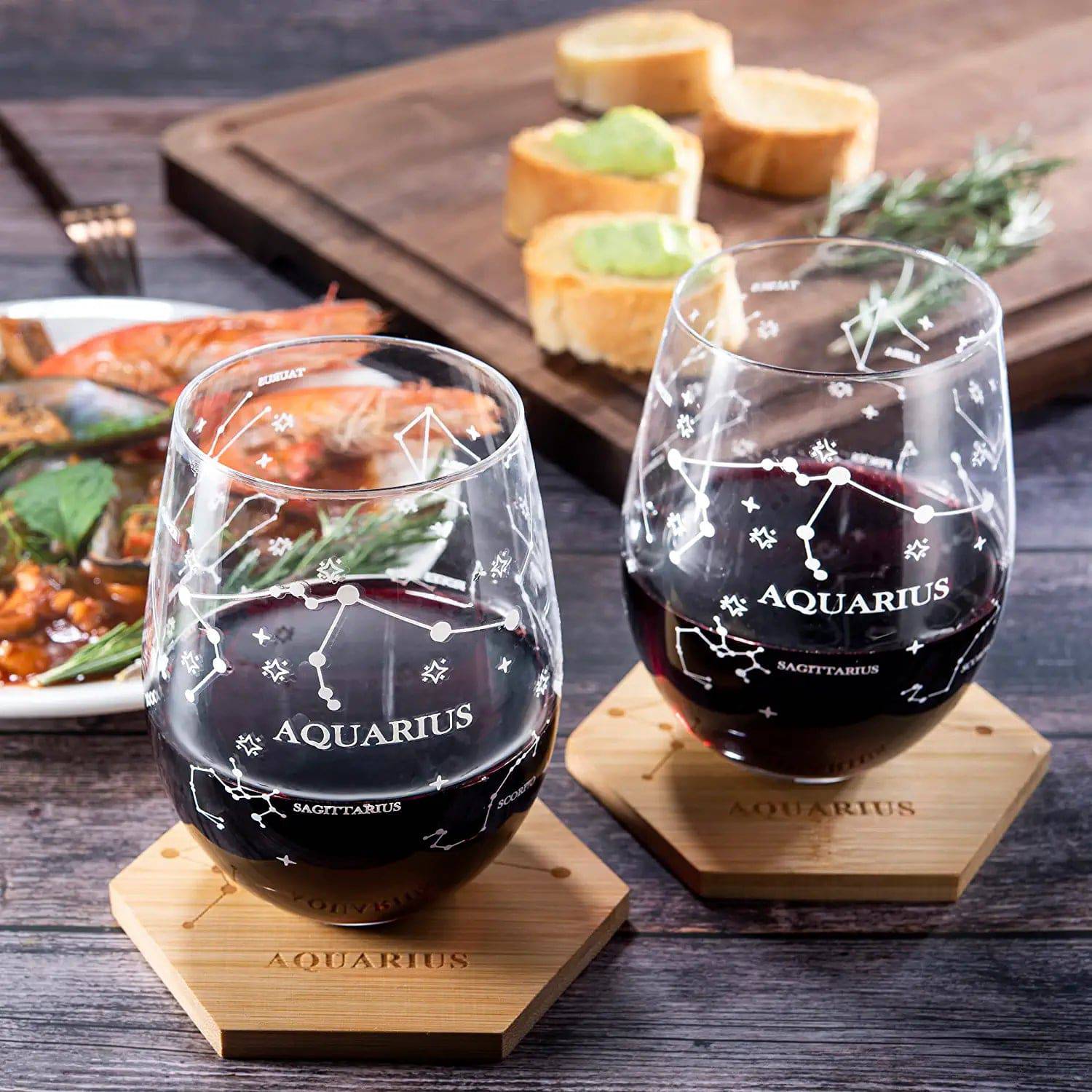 Aquarius | Set of 2 Zodiac Sign Wine Glasses with 2 Wooden Coasters by The Wine Savant