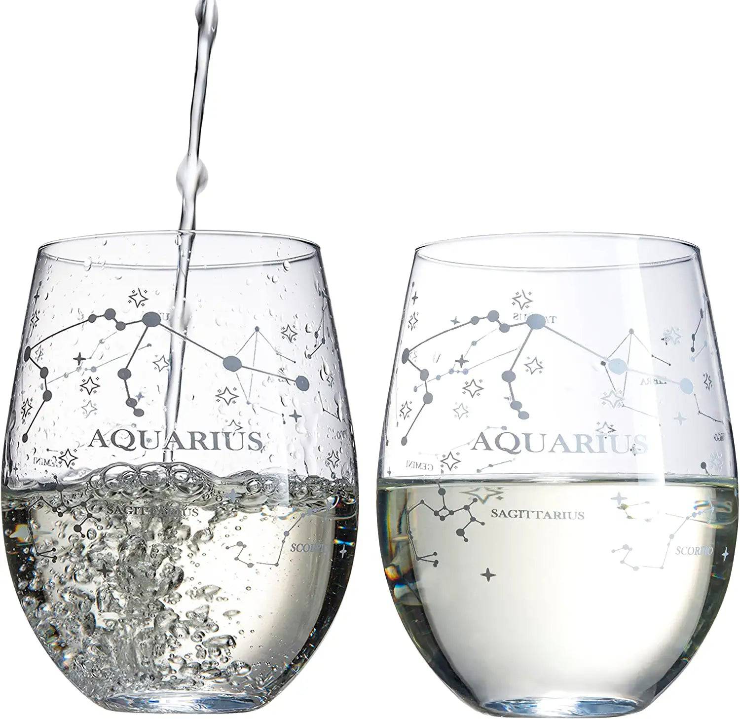 Aquarius | Set of 2 Zodiac Sign Wine Glasses with 2 Wooden Coasters by The Wine Savant