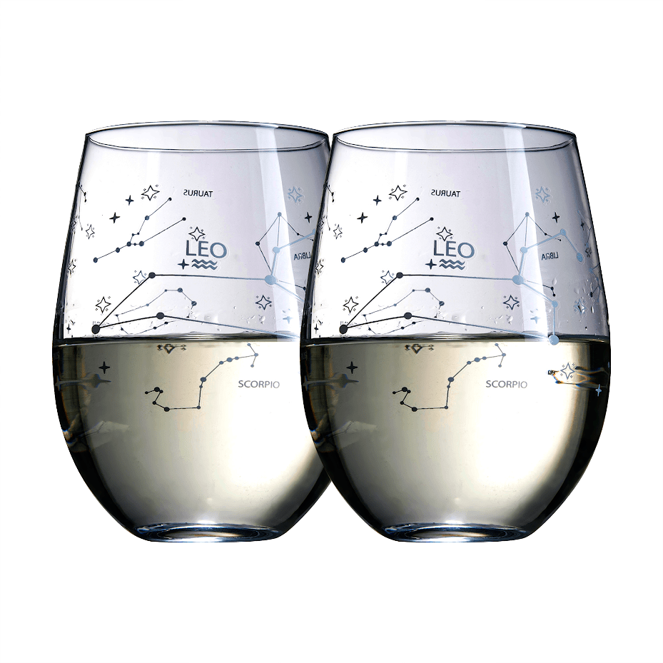 Leo | Set of 2 Zodiac Sign Wine Glasses with 2 Wooden Coasters by The Wine Savant