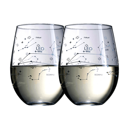 Leo | Set of 2 Zodiac Sign Wine Glasses with 2 Wooden Coasters by The Wine Savant