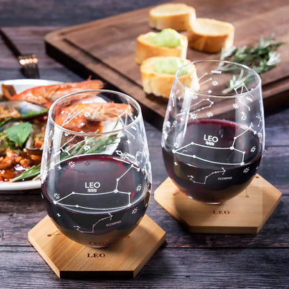 Leo | Set of 2 Zodiac Sign Wine Glasses with 2 Wooden Coasters by The Wine Savant