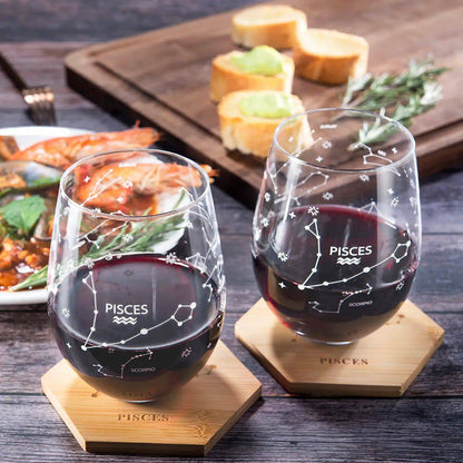 Pisces | Set of 2 Zodiac Sign Wine Glasses with 2 Wooden Coasters by The Wine Savant