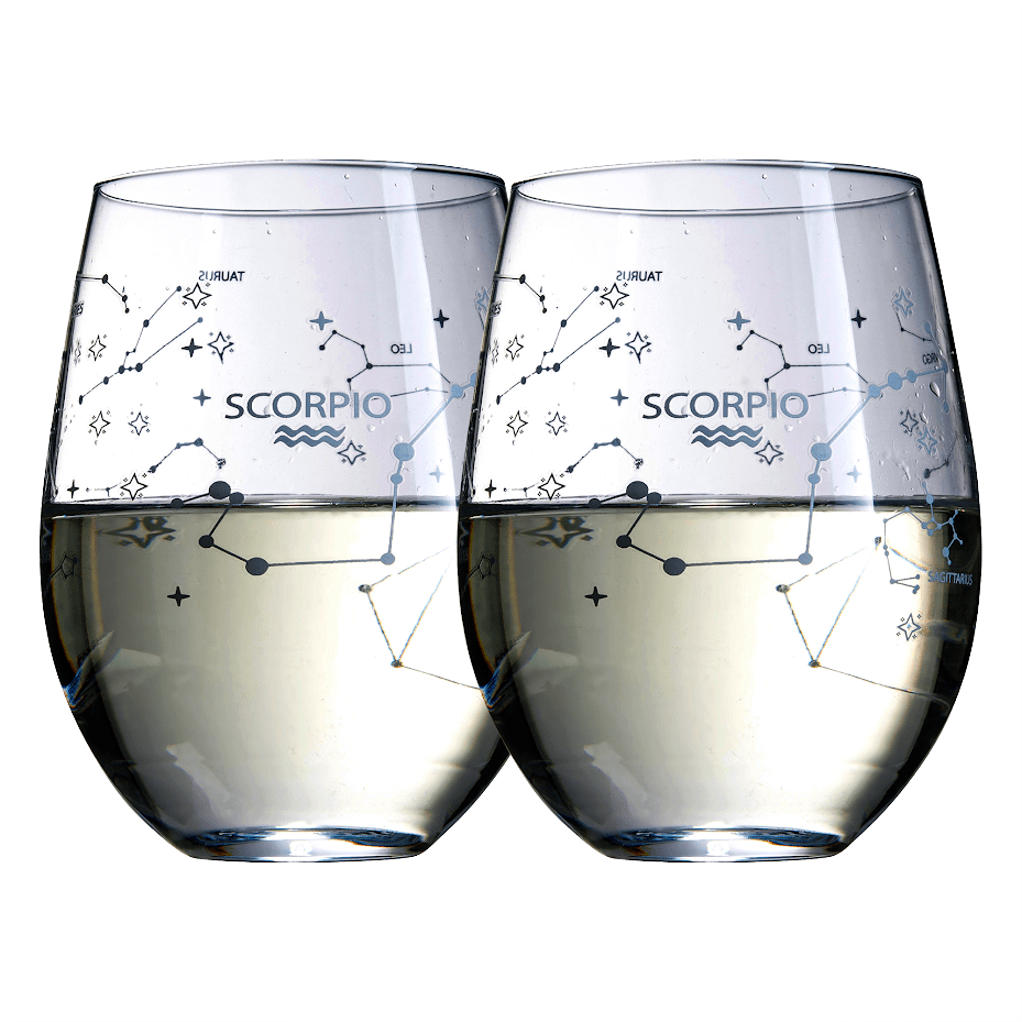 Scorpio | Set of 2 Zodiac Sign Wine Glasses with 2 Wooden Coasters by The Wine Savant