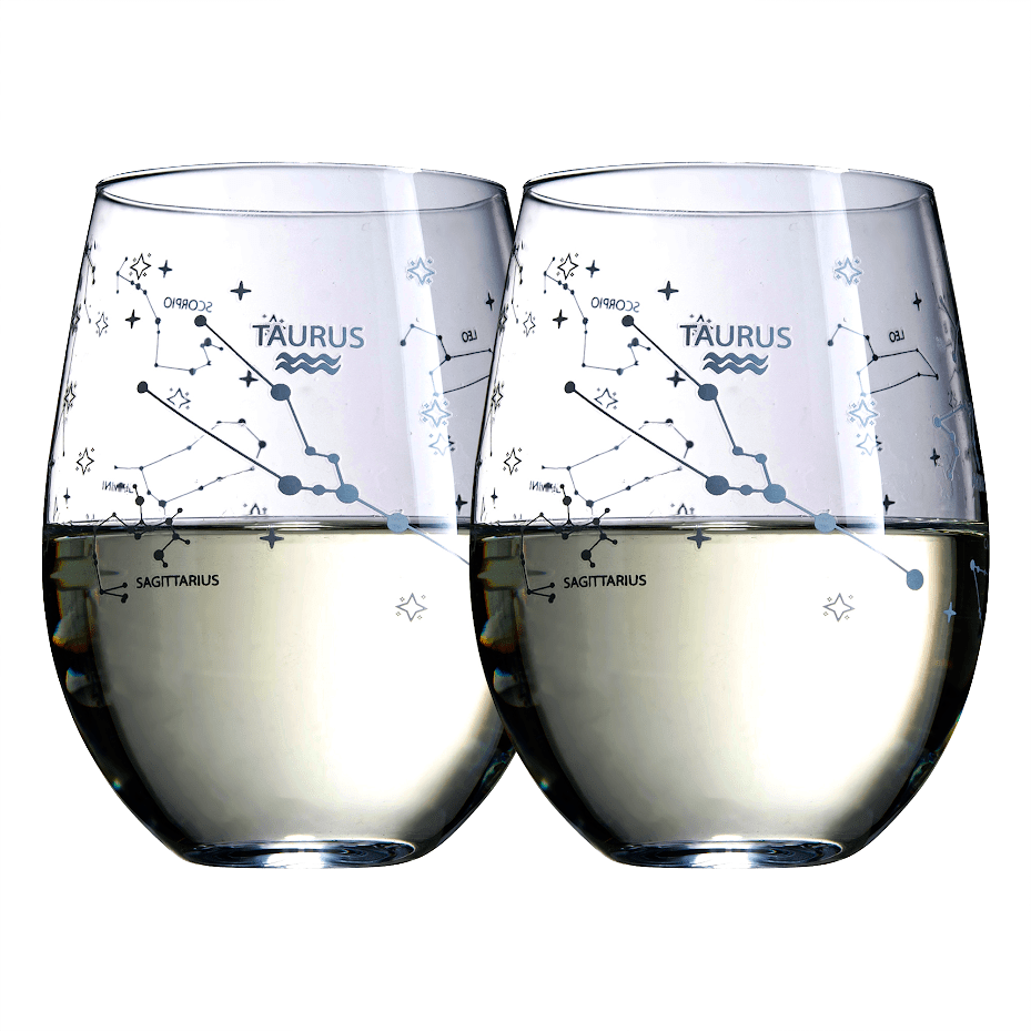 Taurus | Set of 2 Zodiac Sign Wine Glasses with 2 Wooden Coasters by The Wine Savant