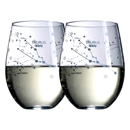 Taurus | Set of 2 Zodiac Sign Wine Glasses with 2 Wooden Coasters by The Wine Savant