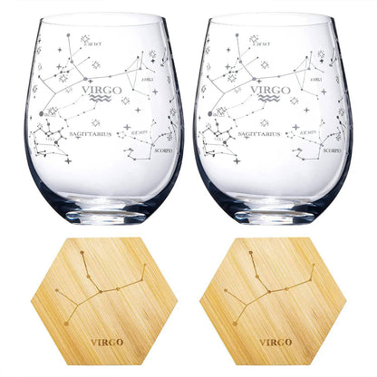 Virgo | Set of 2 Zodiac Sign Wine Glasses with 2 Wooden Coasters by The Wine Savant