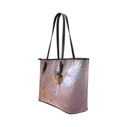 Large Leather Tote Shoulder Bag - Purple Hummingbird Illustration-4