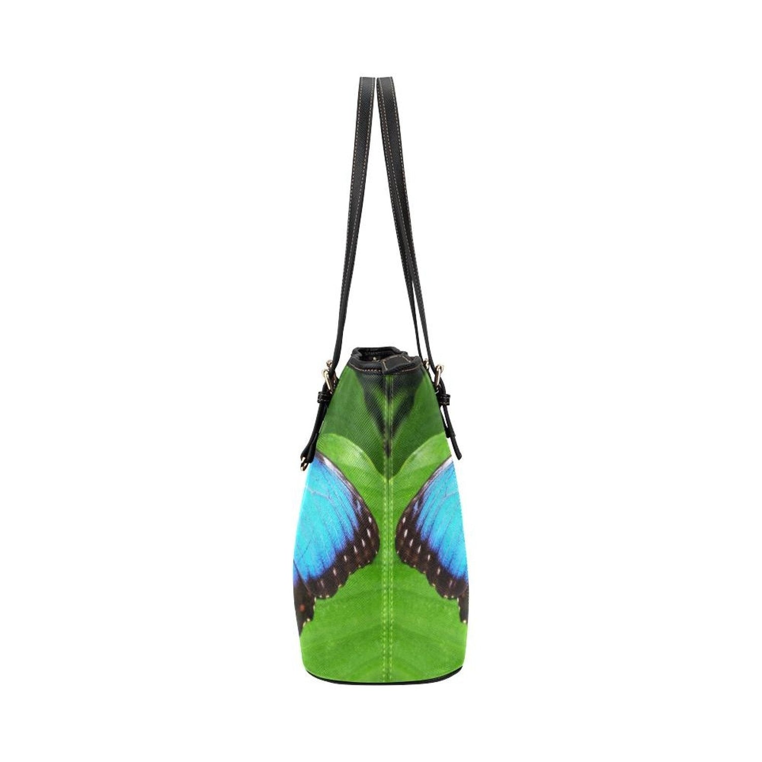 Large Leather Tote Shoulder Bag - Vibrant Blue Butterfly Illustration-2