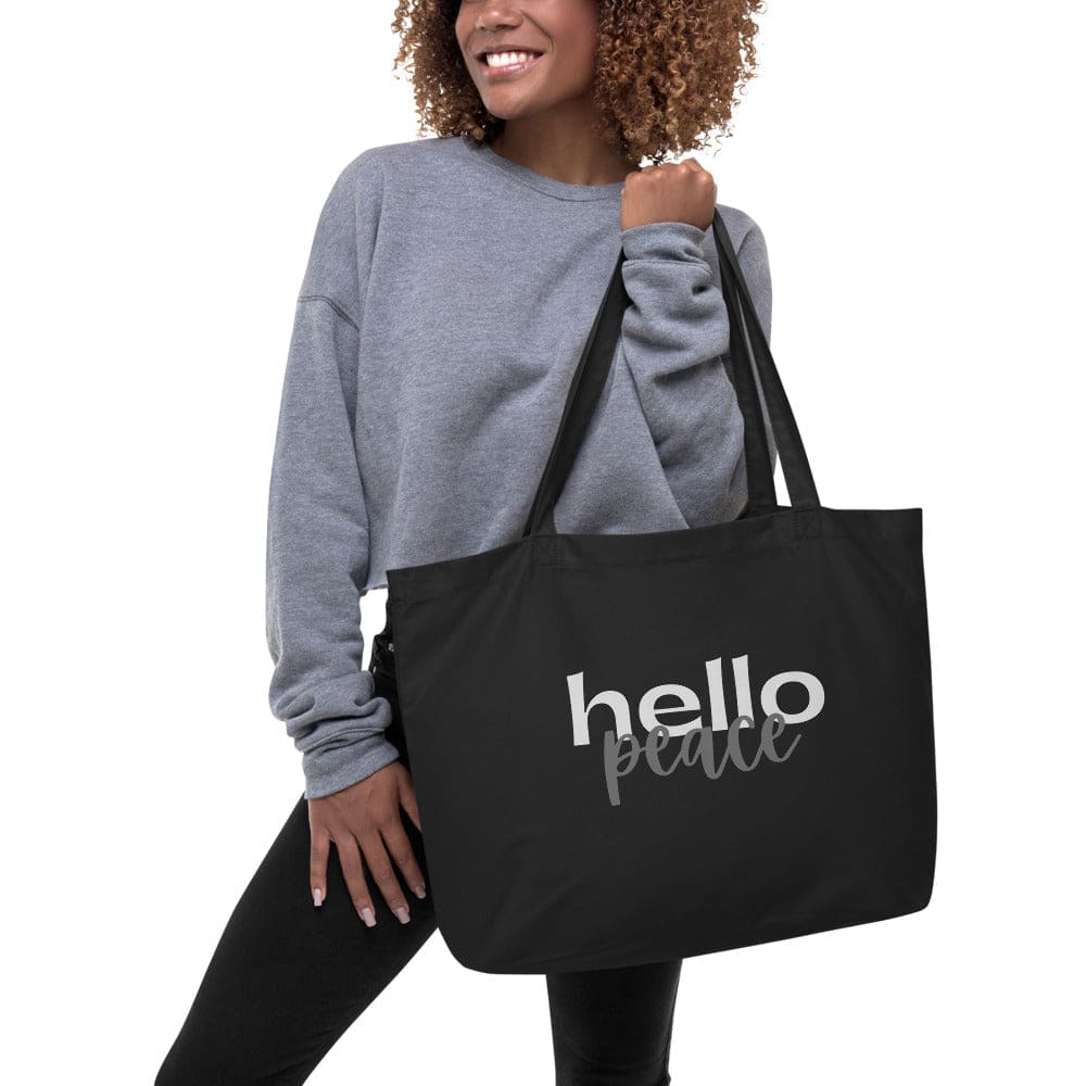 Large Black Tote Bag - Hello Peace Inspirational Print-1