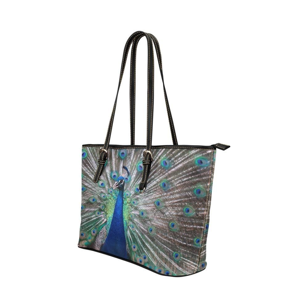 Large Leather Tote Shoulder Bag - Peacock Multicolor Illustration-1