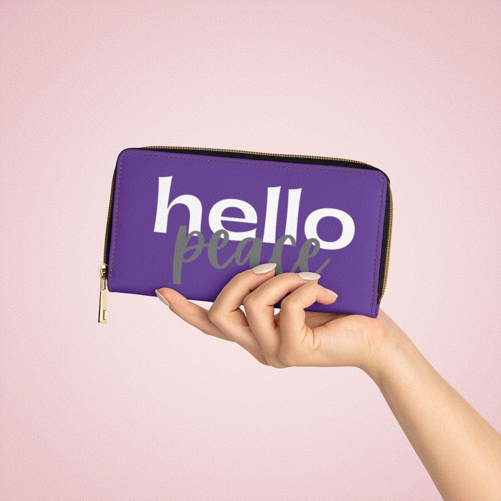 Womens Wallet, Zip Purse, Purple &amp; White Hello Peace-2