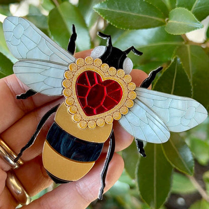 Victorian Age Inspired Insect Jewels Statement Acrylic Brooch - Bee with Diamond Heart by Makokot Design-1