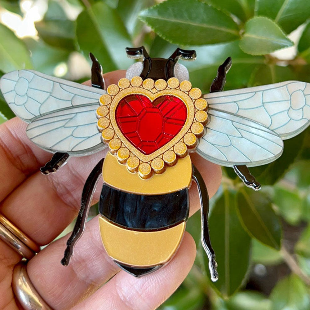 Victorian Age Inspired Insect Jewels Statement Acrylic Brooch - Bee with Diamond Heart by Makokot Design-2