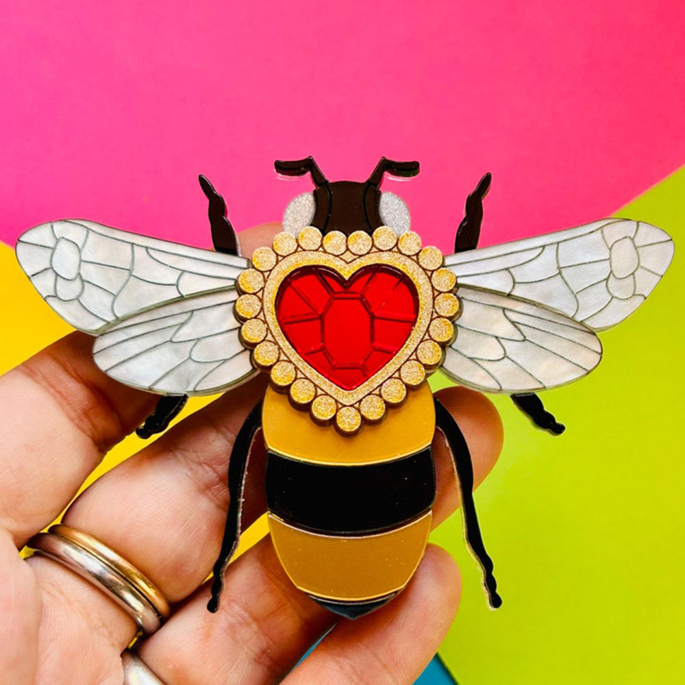 Victorian Age Inspired Insect Jewels Statement Acrylic Brooch - Bee with Diamond Heart by Makokot Design-3