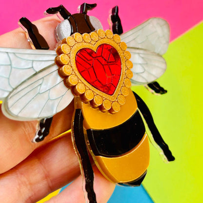 Victorian Age Inspired Insect Jewels Statement Acrylic Brooch - Bee with Diamond Heart by Makokot Design-4