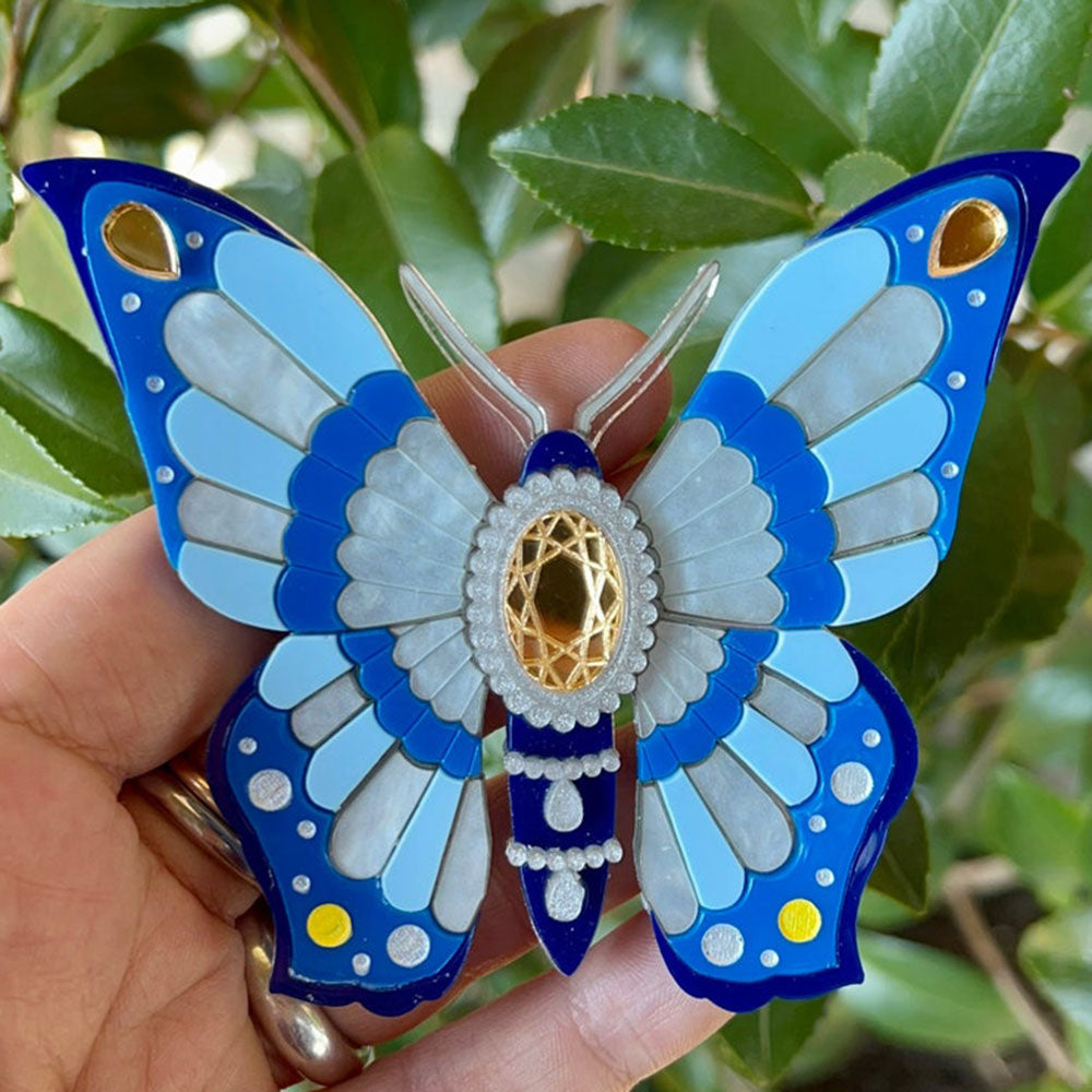 Victorian Age Inspired Insect Jewels Statement Acrylic Brooch - Blue Butterfly by Makokot Design-1