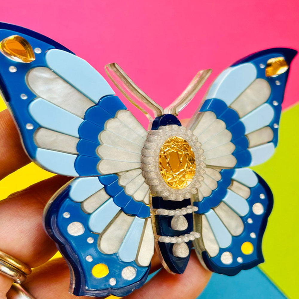 Victorian Age Inspired Insect Jewels Statement Acrylic Brooch - Blue Butterfly by Makokot Design-2