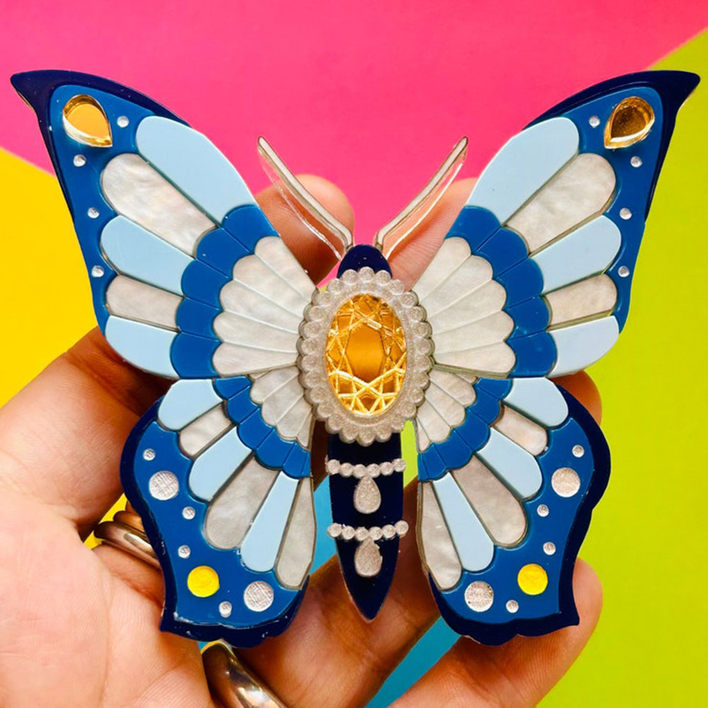 Victorian Age Inspired Insect Jewels Statement Acrylic Brooch - Blue Butterfly by Makokot Design-4