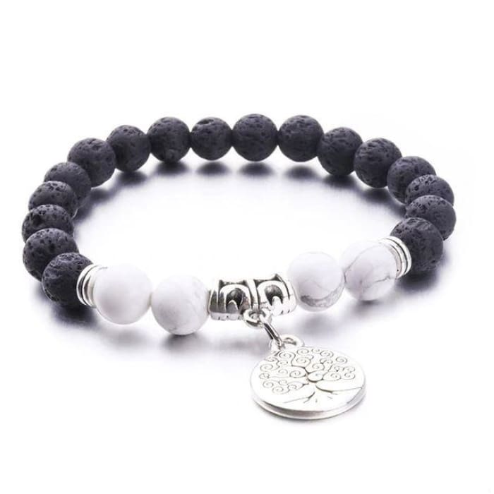 White Howlite &amp; Black Lava Stone | Tree of Life | Essential Oil Bracelet - HartCentered