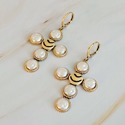 Boho Bold Cross Earrings | Gold-Plated Brass &amp; Acrylic Pearls