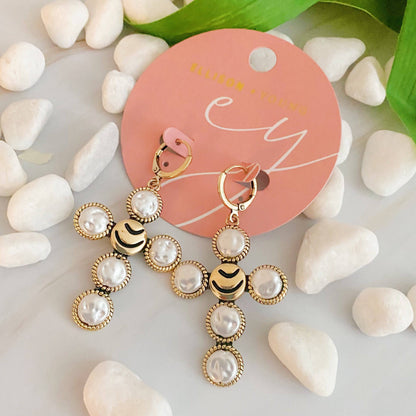 Boho Bold Cross Earrings | Gold-Plated Brass &amp; Acrylic Pearls