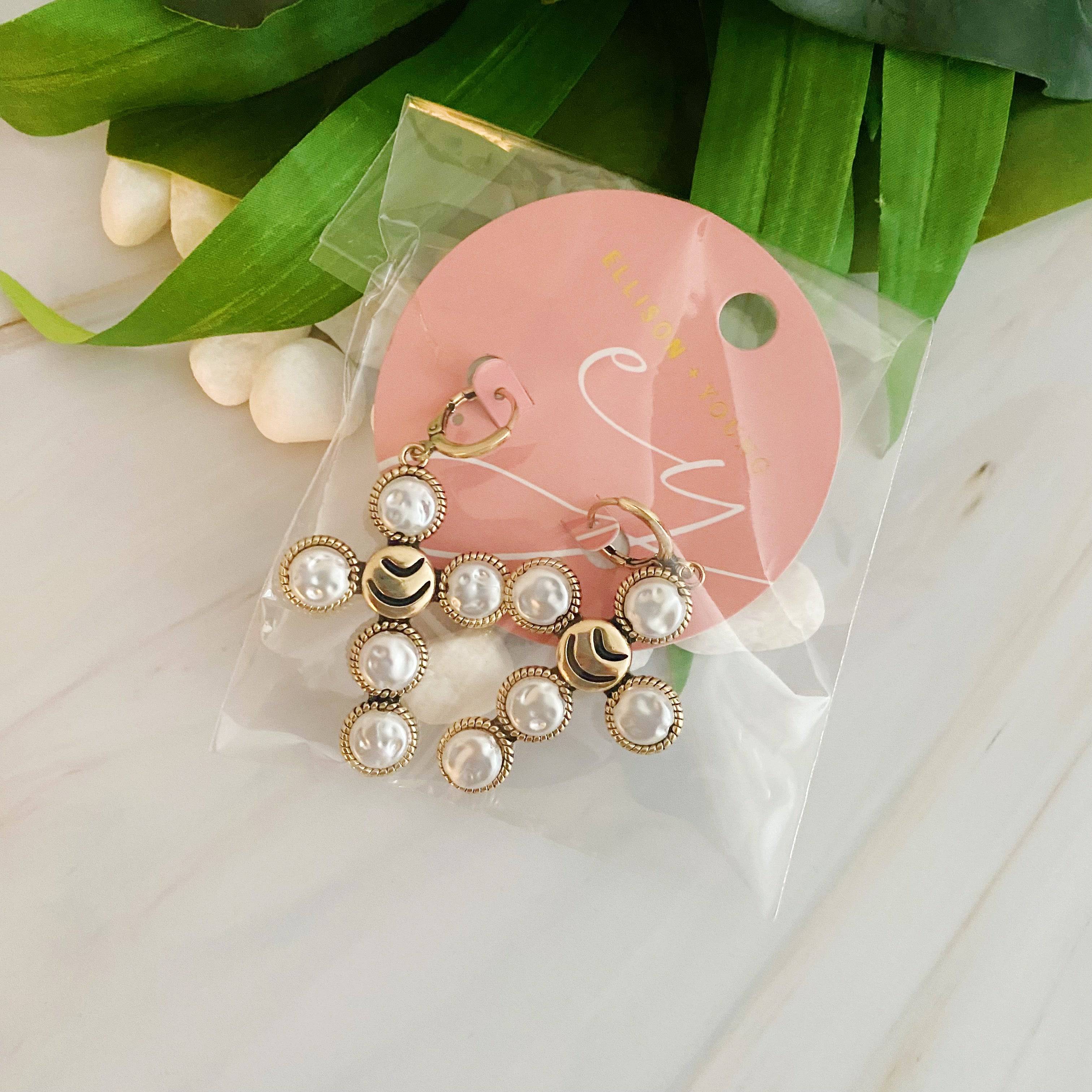 Boho Bold Cross Earrings | Gold-Plated Brass &amp; Acrylic Pearls