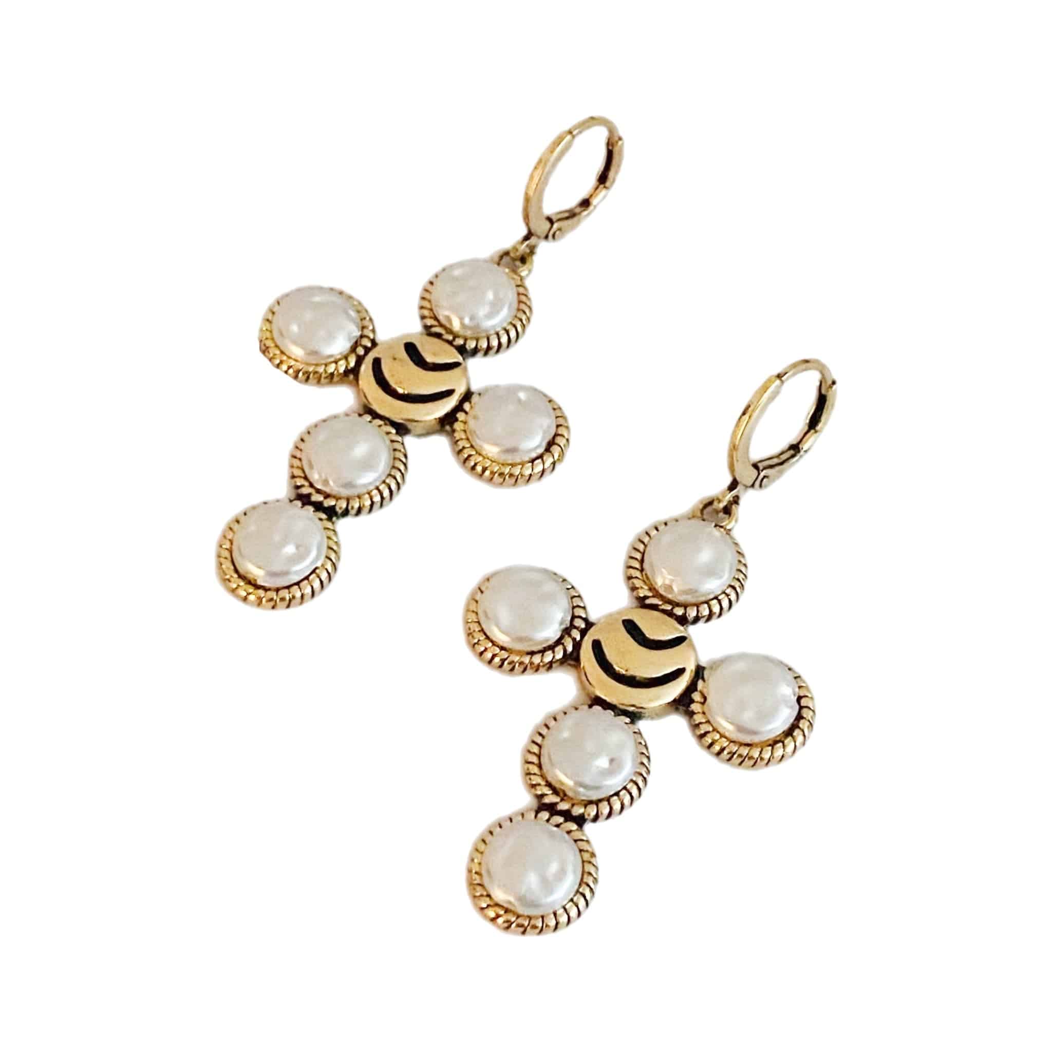 Boho Bold Cross Earrings | Gold-Plated Brass &amp; Acrylic Pearls