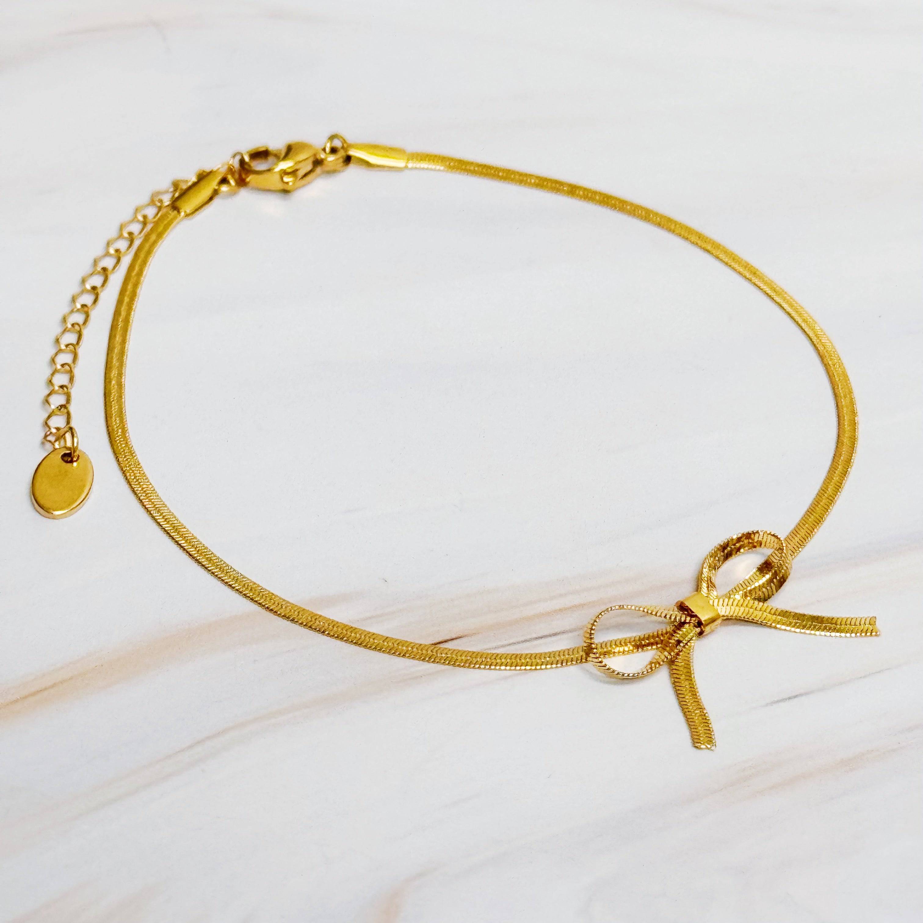 Herringbone Chain Bow Anklet | 18k Gold-Plated Brass Ankle Bracelet