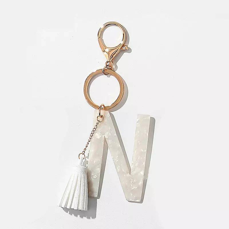 Tasseled Initial Keychain | White