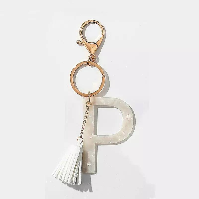 Tasseled Initial Keychain | White