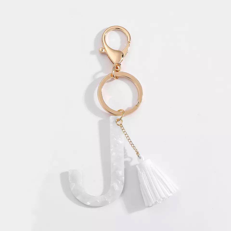 Tasseled Initial Keychain | White