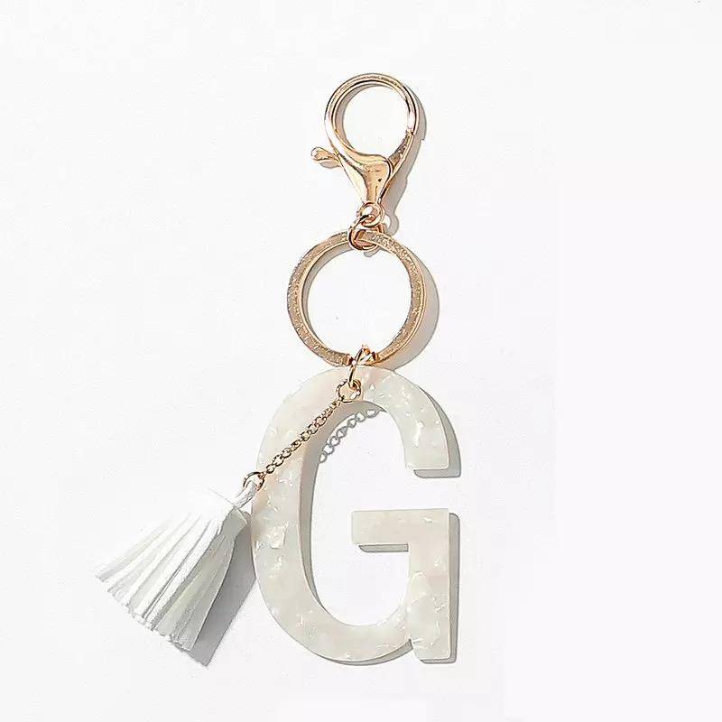 Tasseled Initial Keychain | White