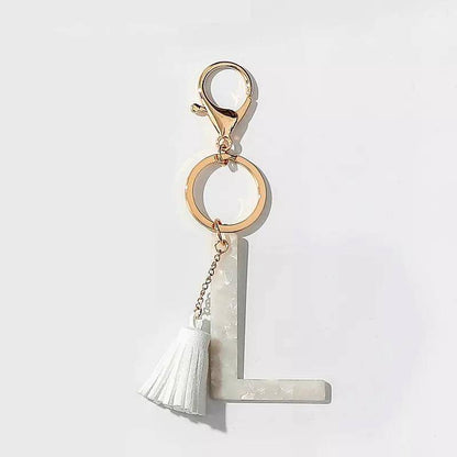 Tasseled Initial Keychain | White